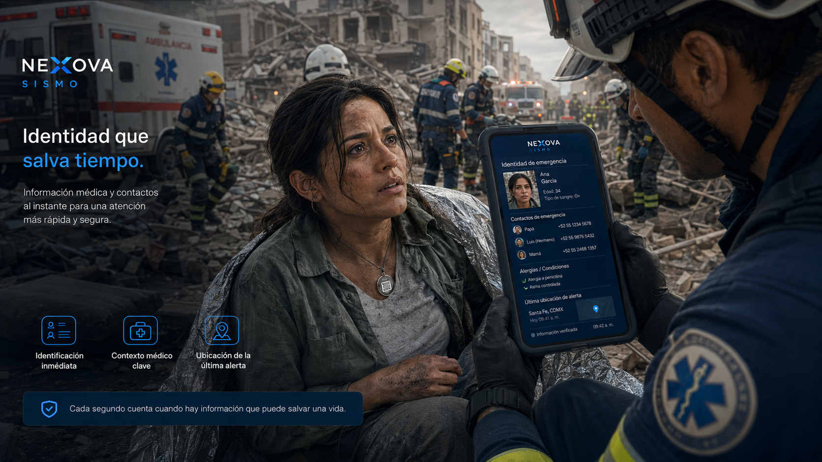 Rescatista consultando Nexova ID y perfil médico de emergencia
